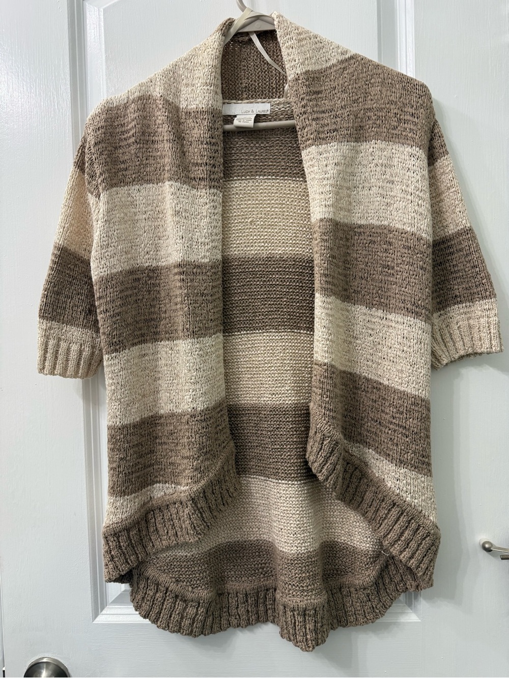 Lucy & Laurel Striped Open-Front Cardigan in Cream and Brown
